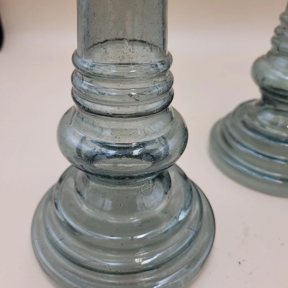 Green Seeded Crackle Glass Pillar Candle Holders Silver Trim Set of 2 8.5 Inch